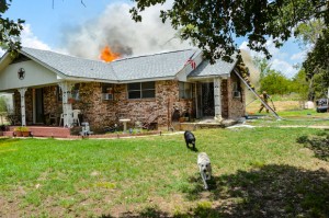 CHEVY, TOUGH - A big black dog named Tough refused to leave the front porch of the burning house until the yellow lab Chevy was freed from inside. After a firefighter kicked open the front door, Tough rushed inside and darted out to safety a few seconds later behind Chevy. Messenger photo by Joe Duty