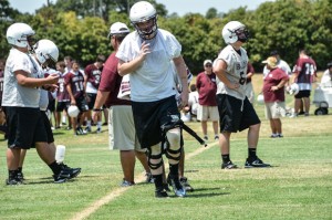BACK IN LINE - After missing last season with a knee injury, Jacob Cornelison rejoined the Bridgeport offensive line for practice Monday. Messenger photo by Joe Duty