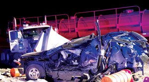 DEADLY CRASH - Eddie Durrett of Midland was killed Sunday night after his sport utilty vehicle was struck by an 18-wheel tank truck driven by David Talley of Alvord. Messenger photo by Joe Duty