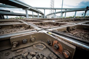 INTERLOCK GRID - The railroad interlock at Tower 55 in downtown Fort Worth is one of the busiest and most congested areas of train traffic in the country. Messenger photo by Joe Duty