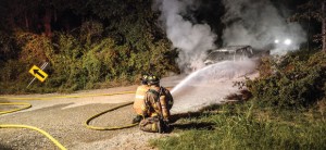 MONDAY WRECK - Joseph Anthony Hake, 30, of Paradise was flown to Parkland Memorial Hospital in Dallas for second-degree burns sustained in a fiery wreck late Monday night near Paradise. It appears Hake overestimated a curve and lost control of his Ford pickup. Messenger photo by Joe Duty
