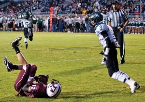 SCORING CATCH - Blake Arrington scored the first points of the night for Bridgeport with a 35-yard touchdown catch. He also scored the final points of the game when he returned an interception 80 yards for a touchdown to seal the victory. Messenger photo by Jimmy Alford