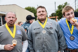 CONTEST WINNERS - In the High Noon Hot Dog Eating Contest, (left to right) Albert Taylor of Paradise won first place; Justin Lambert of Bridgeport, second; and John Walker of Bridgeport, third. Messenger photo by Joe Duty