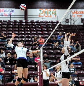 IN THE AIR - Decatur's Darci Billmire gets ready for the spike as Bridgeport's Maricah Clayton goes up for the block. Messenger photo by Joe Duty