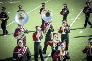 MARCHING IN TIME - Bridgeport's High School marching band takes to the field in competition in Denton Saturday. Messenger photo by Joe Duty