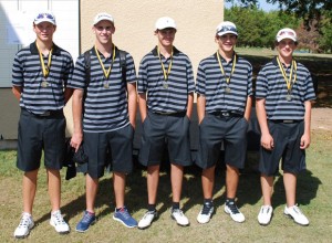 MEDAL WINNERS - The Decatur first team of Dylan Rottner, Drew Jones, Jansen Alker, Dylan Erwin and Cade Lamirand captured second place at Tanglewood Resort Monday. Submitted photo