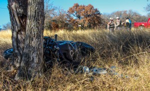 BAD PASS - A pair riding on a motorcycle attempted a pass at the wrong time and ran into the side of a turning pickup near the intersection of Farm Road 51 North and Texas 114 The female passenger on the back flew over the pickup, and the male driver careened into a tree. Both were flown from the scene with serious injuries. Messenger photo by Joe Duty