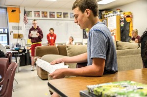 CAMPAIGNING - Bridgeport eighth grader Bryce Powers listens as classmate Nathaniel Strother reads his campaign speech in their English/language arts class Tuesday. Messenger photo by Joe Duty