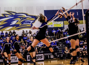 FLYING HIGH - Cooper Martin leaps high for a kill against Bonham. Martin finished with nine kills, six blocks and seven digs. Messenger photo by Joe Duty