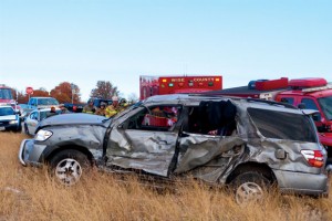 ROLLOVER - The passenger in this vehicle was injured after the SUV was struck by a pickup at a crossover on U.S. 81/287 north of Alvord Friday. Messenger photo by Jimmy Alford