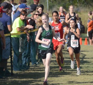 THE RACE IS ON - Emily Brinson or Paradise and Clara Breashears of Alvord head for the finish line at Saturday's Region 2AA Cross Country meet. Messenger photo by Mack Thweatt