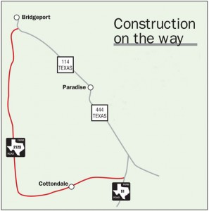 ROAD WORK AHEAD — Work to expand and repair a 13-mile stretch of Farm Road 2123 from Texas 114 in Bridgeport to County Road 3355, also known as School House Road in Cottondale, is to begin Jan. 21. Crews will work on 2,000-foot sections at a time, and traffic will be delayed and guided by flaggers. The project is expected to be completed by late November.