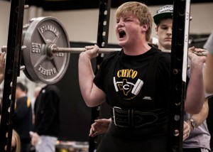FRESHMAN POWER - Chico freshman Tyler Melton finishes a squat Saturday at the Chico Powerlifting Meet. Melton finished fifth in the 275 class. Melton totalled 1,080 pounds. Messenger photo by Jimmy Alford