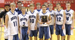 CHAMPS - The Decatur eighth grade boys won the district tournament Thursday in Gainesville. The team consists of Christian Cantu, Jacob Tibbels, Hayden Bennett, Parker Cullop, Cody Grimes, Payton McAlister, Bryce Elder, Parker Hicks and Tyler Ticknor. Submitted photo