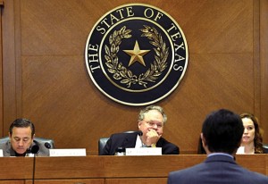 COMMITTEE RELATIONSHIPS - State Senator Craig Estes (center), flanked by Sen. Carlos Uresti and Committee Director Ren Newey, listens as Todd Staples, Texas Land Commissioner, discusses border security and water issues before the Senate Committee on Agriculture, Rural Affairs and Homeland Security, which Estes chairs. Messenger photo by Joe Duty