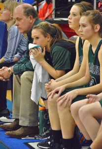 END OF THE ROAD - Paradise's Makayla Neighbors watches the final moments of the Lady Panthers playoff loss to Maypearl Tuesday. Neighbors led the Lady Panthers with 14 points. Messenger photo by Mack Thweatt