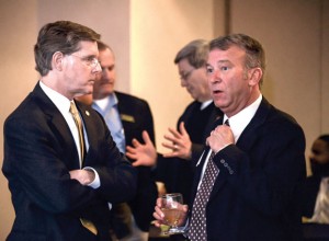 MEET AND GREET - Rep. Phil King and Decatur City Manager Brett Shannon find time to catch up and discuss local issues at a reception Monday night during Wise County Legislative Days in Austin. Messenger photo by Joe Duty