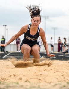 PERFECT LANDING - Bridgeport's Sabrina Garza makes a nice landing during the long jump event at the Double B Relays Thursday. Messenger photo by Joe Duty