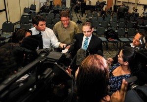 UNDER FIRE - John St. Augustine, a inspector with El Paso County Sheriff's Office, answers questions at a press conference in the Decatur Civic Center Friday at noon. Many speculate Evan S. Ebel was connected to two murders that took place earlier this week in Colorado, including that of a pizza delivery driver and the director of Colorado's Department of Correction. Messenger photo by Joe Duty