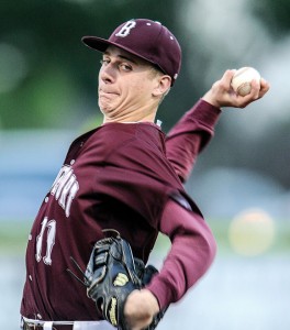 BLAZING PERFORMANCE - Reese Read fires a pitch during the Bulls' 7-1 win over Decatur Friday. Messenger photo by Joe Duty