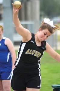 LETTING GO - Alvord's Macy Pritchett captured fifth place in the shot put at the District 9-2A meet. Messenger photo by Mack Thweatt