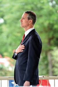 HAND OVER HEART - U.S. Rep. Mac Thornberry (R-Amarillo), whose 13th district covers the western half of Wise County, was the keynote speaker at the Memorial Day ceremony Monday morning at Wise County Veterans Memorial Park in Decatur. Messenger photo by Joe Duty